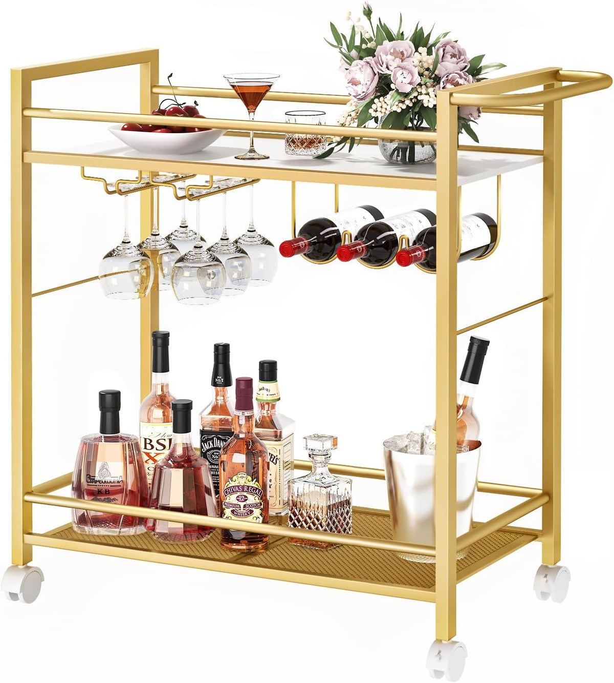 Bar Cart,Home Bar Serving Cart with Storage Shelves, 2 Tier Rolling Beverage Cart with Wheels, Modern Wine Cart with Wine Rack and Glass Holder for Kitchen, Living Room,Dinning Room,Black