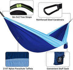 Coastrail Outdoor Deluxe Portable Hammock Compact 1-Person 108"*54" Hammock Multi-Purpose Indoor/Outdoor- Hammock Kit with Tree Straps and Carabiners, Blue, One Size