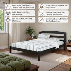 Full Size Bed Frame (78.5 inches), Black Solid Pine Frame with Low-Profile Curved Headboard, Wood Slats | Center Leg Support, No Box Spring Required, Easy Assembly for Bedrooms/Guest Rooms