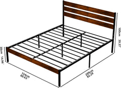 Queen Size Metal Bed Frame with Wood Headboard & Footboard Simple and Sturdy Metal Platform Bed, Storage Space Under The Bed, No Box Spring Required, No Noise, Easy to Install (Black+Brown)