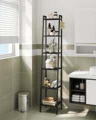 Ladder Shelf, Bookshelf Bookcase, Freestanding Corner Storage Shelve with 2 Hooks for Home Office, Living Room, Kitchen, Bedroom, Industrial, 5-Tier White BC03213W