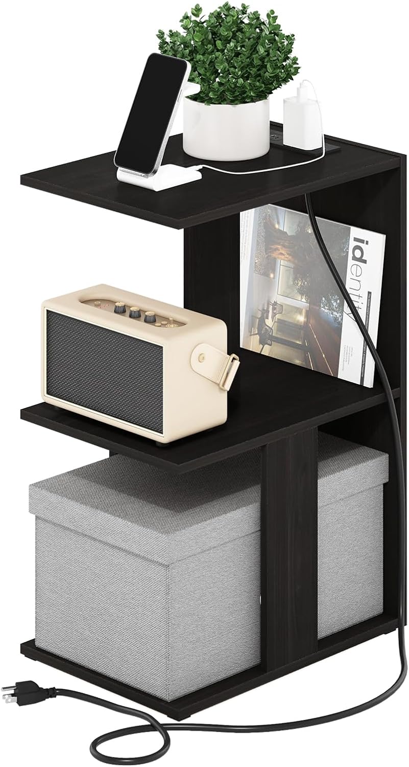 Furinno BOYATE Side Table, 2-Tier End Table with Charging Station, Open Shelf Night Stand, Bedside Table with USB and Type-C Charging Port, for Living Room, Bedroom, White