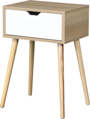 Mid-Century Modern Side Table: White Nightstand with Drawer - Rubber Wood Legs & MDF Top for Bedroom & Living Room - 15.7x11.8x23.6 Inches Easy Assembly Furniture