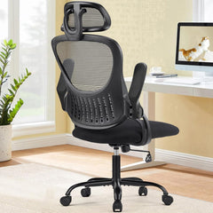 Sweetcrispy Office Computer Desk Chair, Ergonomic High-Back Mesh Rolling Work Chairs with Wheels and Adjustable Headrests, Comfortable Lumbar Support, Comfy Flip-up Arms for Home,Bedroom,Study, Grey