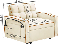 3-in-1 Convertible Sleeper Chair Sofa Bed, White Adjustable Pull Out Sofa Chair Bed with USB and Phone Holder, Modern Single Sofa with Side Pockets for Living Room, Bedroom