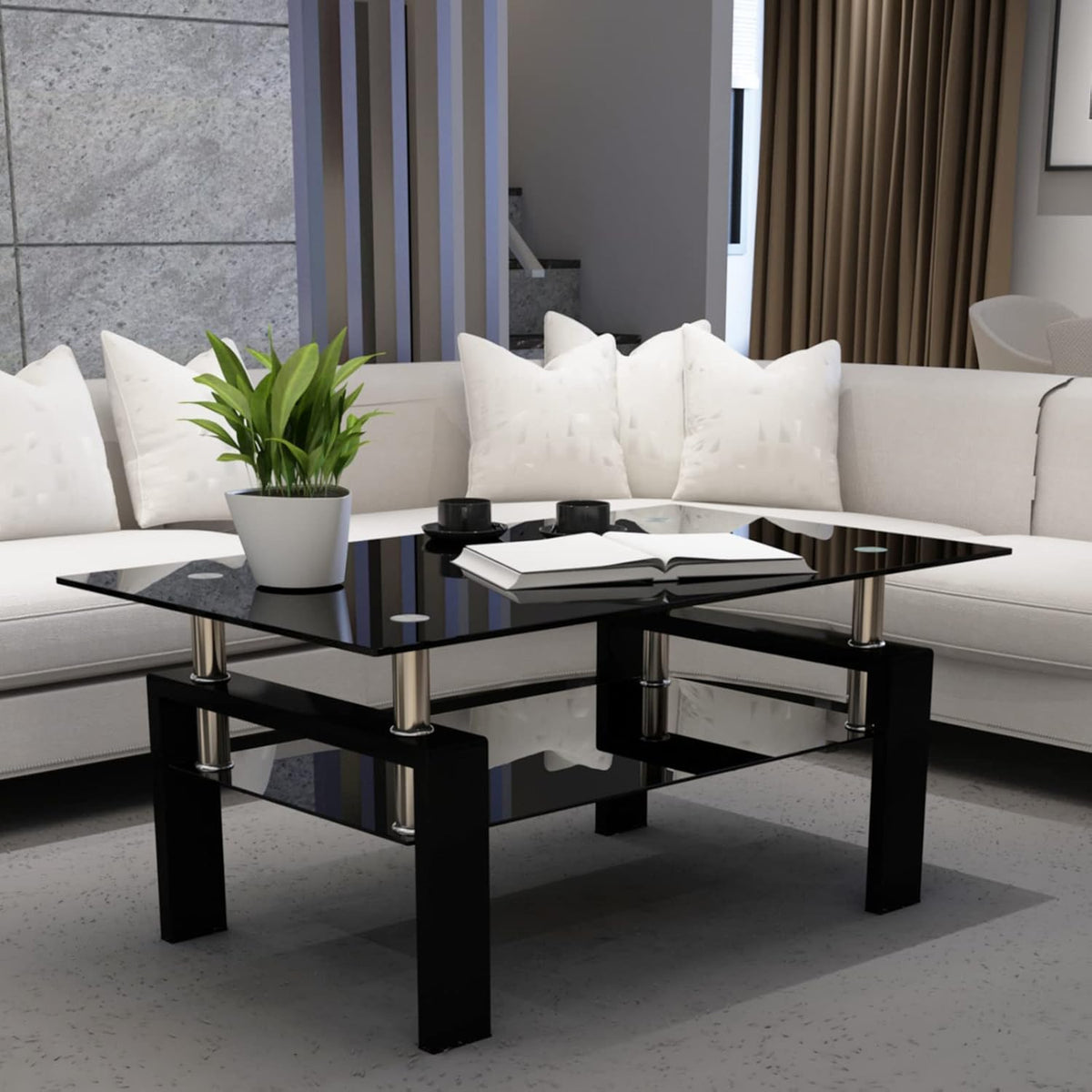 Living Room Coffee Table Rectangle Glass Coffee Table, Modern 2- Tiers Side Center Tables with Black Tempered Glass Top and Sturdy Metal Legs, Tea Tables Living Room Furniture, Black Glass