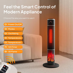 ROVSUN 1500W Electric Space Heater w/Remote & 3D Flame, 33" Portable Tower Heater w/Oscillating, Timer, Thermostat, Tip-over & Overheat Protection for Indoor Bedroom Living Room Large Room