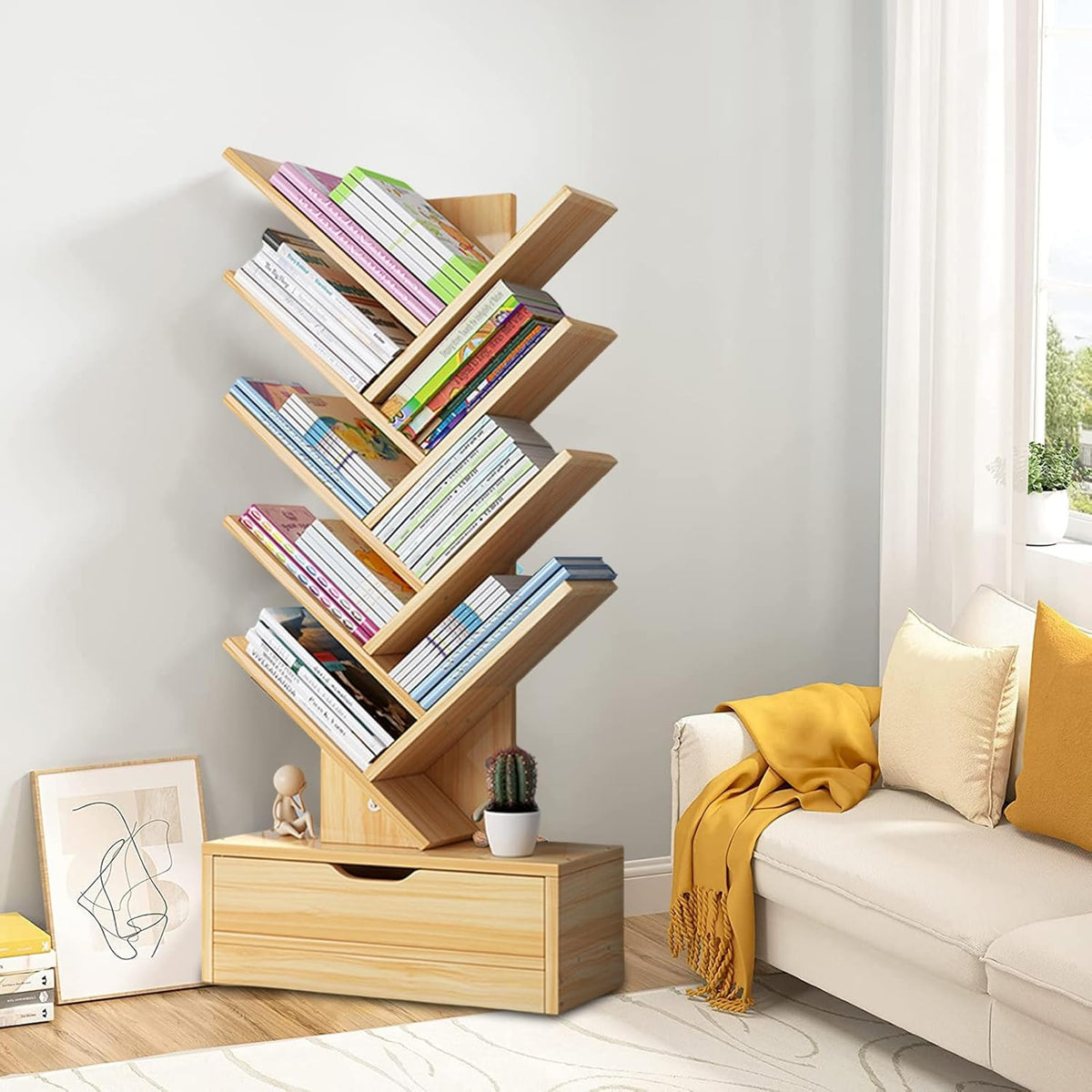 Tree Bookshelf,8 Shelf Bookcase,Retro Floor Standing Bookcase with Drawer,Wooden Bookshelves Storage Rack for Home Office, Living Room, Bedroom Wooden Color