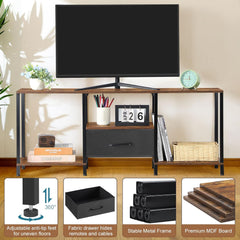 PINPON 46" TV Stand with Manual LED Lights & Fabric Drawer, 3-Tier Storage Media Console for 55" TV, Adjustable Feet, Rustic Brown Entertainment Center for Living Room/Bedroom
