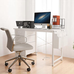 47.3" Modern Office Desk with Power Outlet, 3 Drawers & Side Pocket, Reversible Study Desk with Metal Frame, Adjustable for Home, Office, Computer, Game,Vanity Use,Easy Assembly (White)