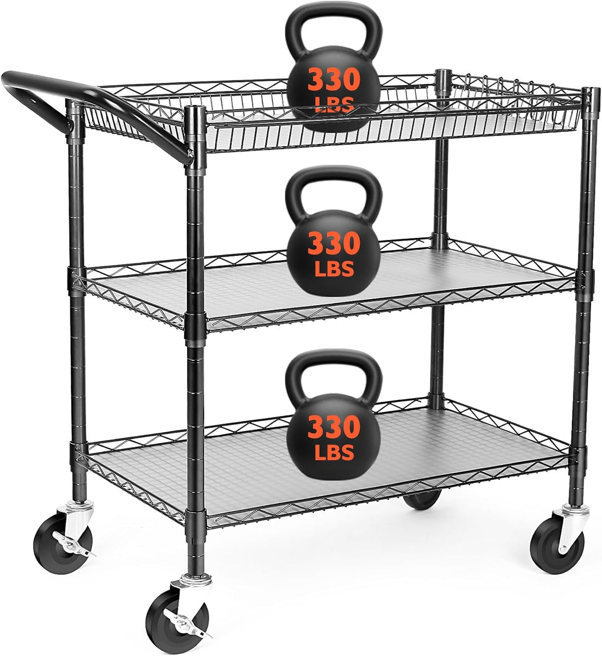 Heavy Duty Utility Cart, 990Lbs Capacity 3 Tier Rolling Carts with Wheels, Kitchen Cart on Wheels with Storage, Commercial Grade Metal Serving Carts with Wire Shelving &Handle Bar, Black