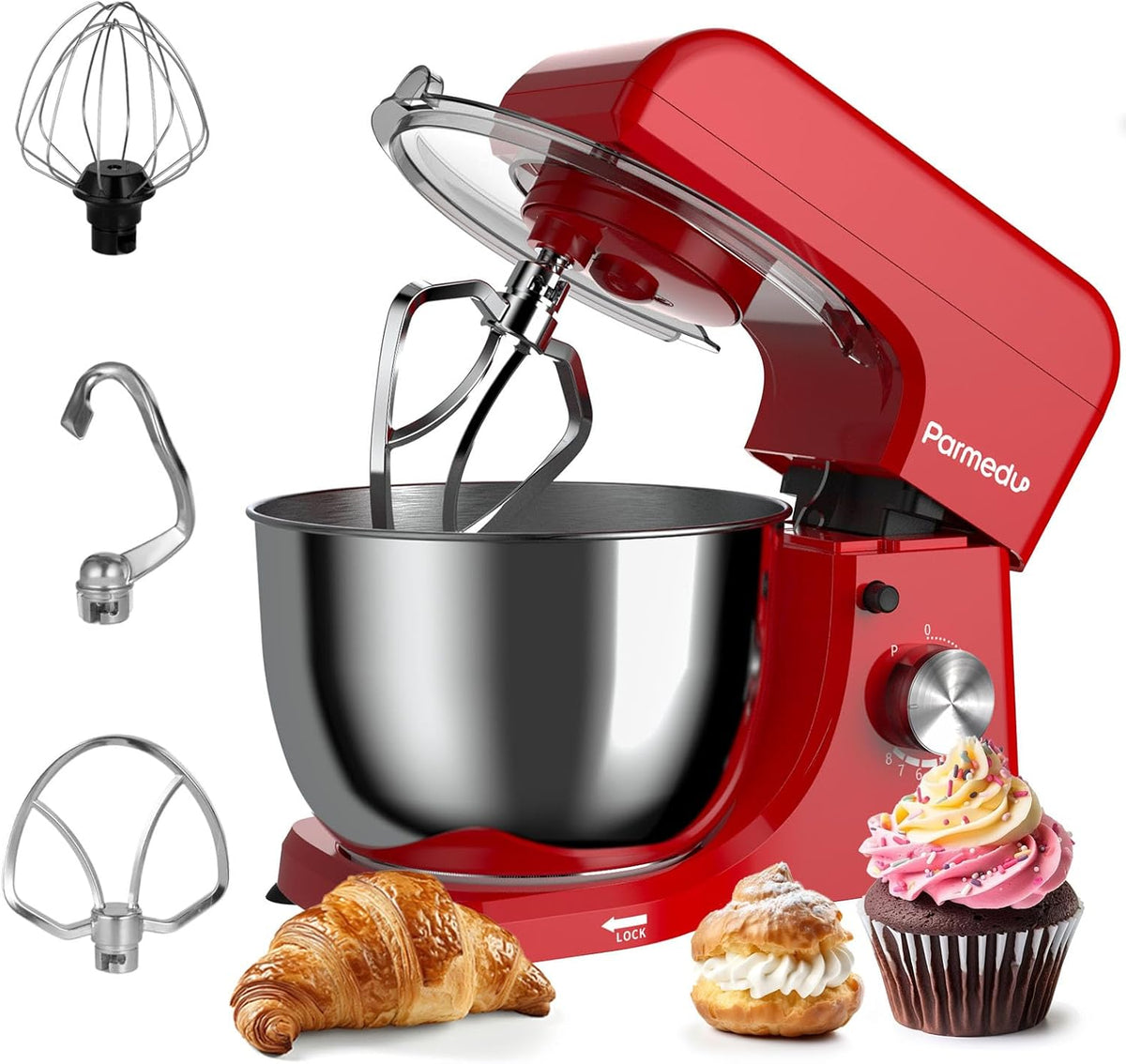 Electric Kitchen Stand Mixer: 380W 8-Speed Tilt-Head Household Food Mixer - 4.75-Qt 304 Stainless Steel Bowl with Cover & Egg Whisk & Dishwasher Safe Dough Hook & Flat Beater, Red