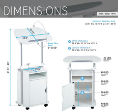 Techni Mobili Adjustable Laptop Cart with Storage, Rolling Mobile Workstation Desk with Cabinet, Shelf & Locking Wheels. Height Adjustable Sit to Stand for Home Office, Bedside, or Classroom (White)