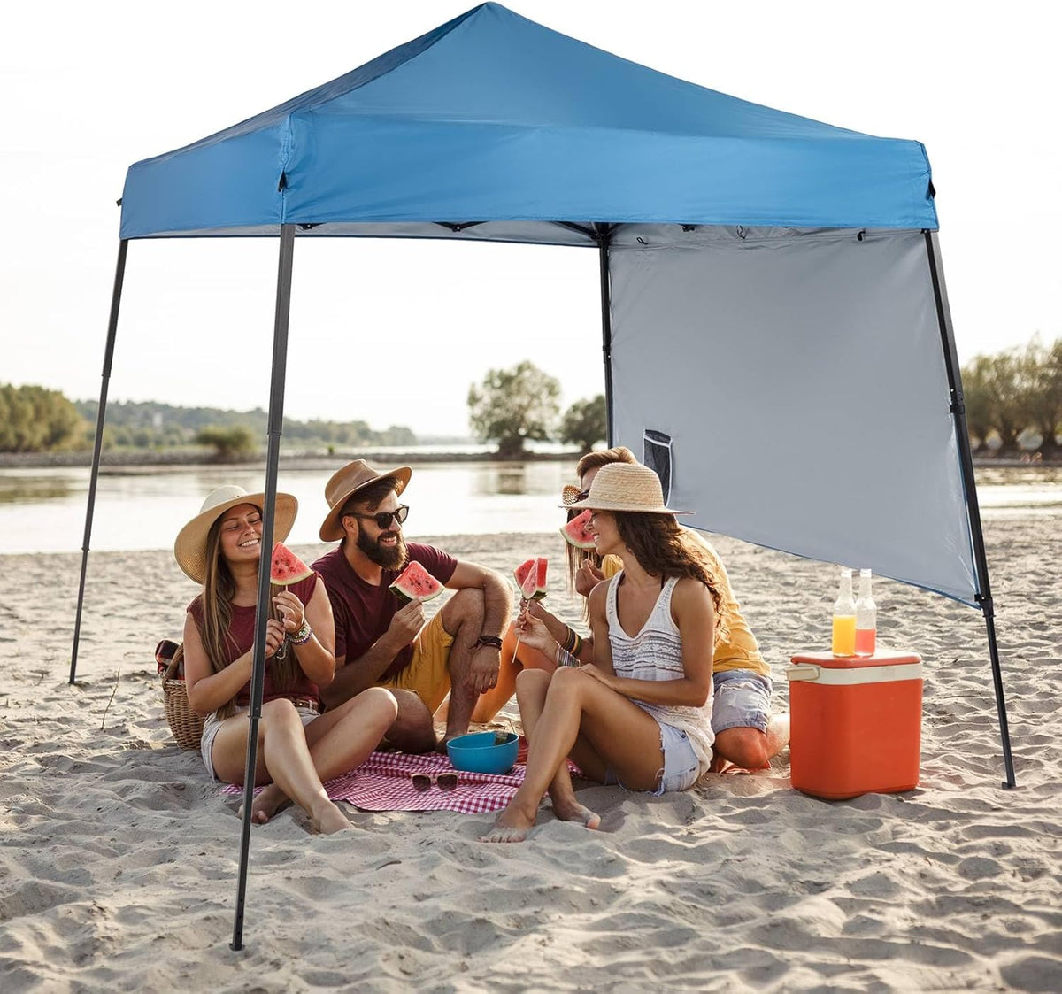 6'x6' Instant Pop Up Canopy Tent, Portable Outdoor Grill Gazebo with Backpack Bag and 1 Sidewalls, Durable Oxford Fabric, Folding Shelter, Sun Shade for Camping, Beach & Backyard (Blue)