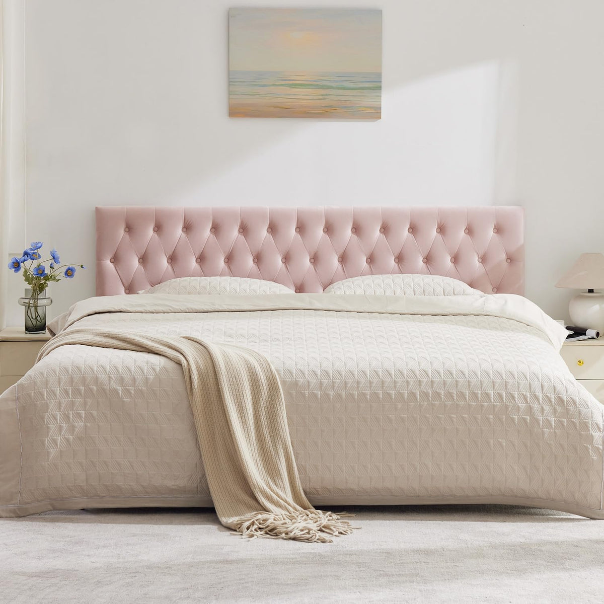 Kingfun Tufted Upholstered Full Size Bed Headboard in Modern Button Design, Adjustable Solid Wood Head Board, Premium Linen Fabric Padded Headboards in Bedroom (Beige)