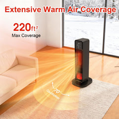 Indoor space heater, 1500W 3D flame ceramic tower heater, ultra-quiet portable electric heater, equipped with digital thermostat and remote control