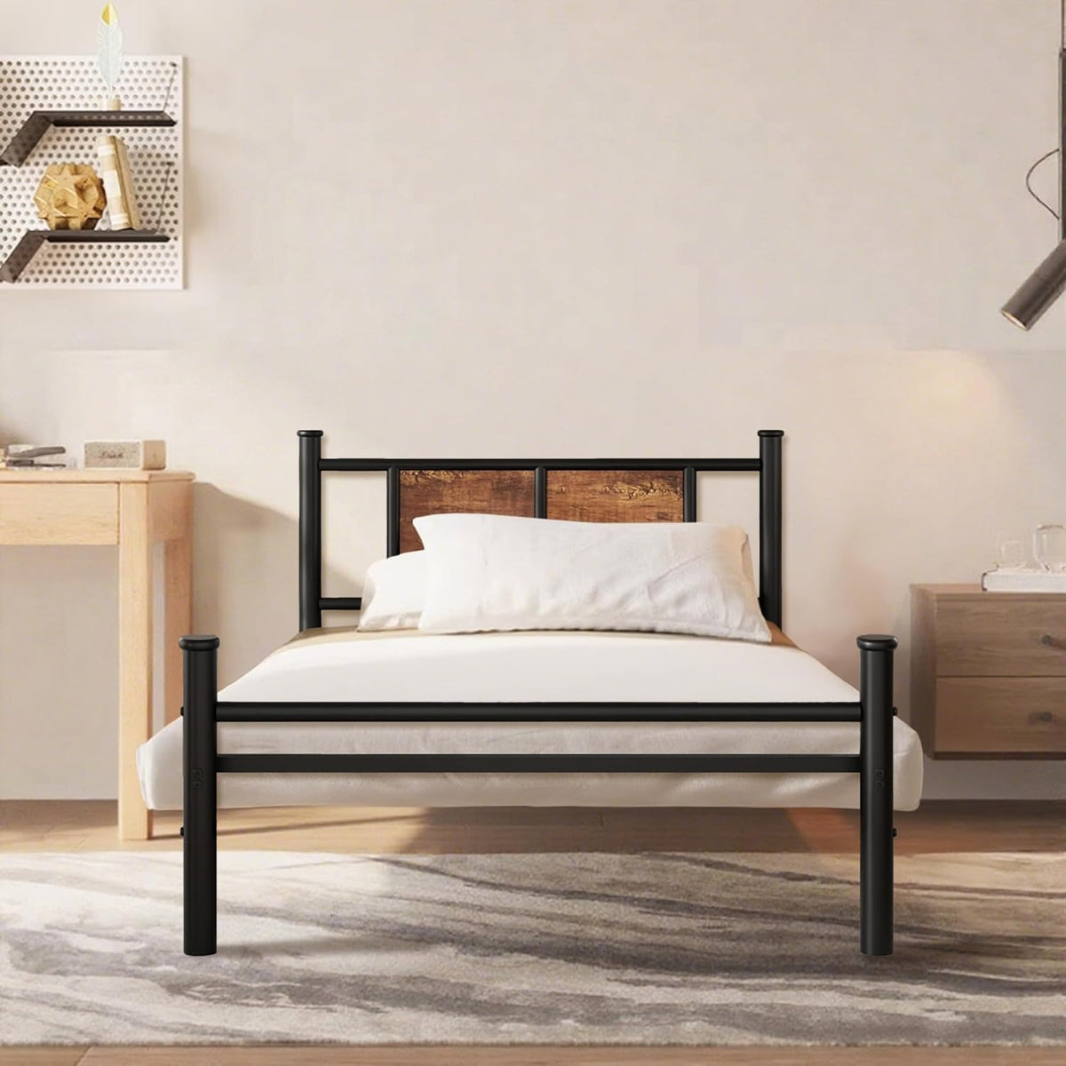 King Size Metal Bed Frame, Farmhouse Platform Bed with Wood Headboard, Heavy Duty Sturdy Mattress Foundation, Under Bed Storage, Metal Slat Support, No Box Spring Needed, Easy Assemble (King)