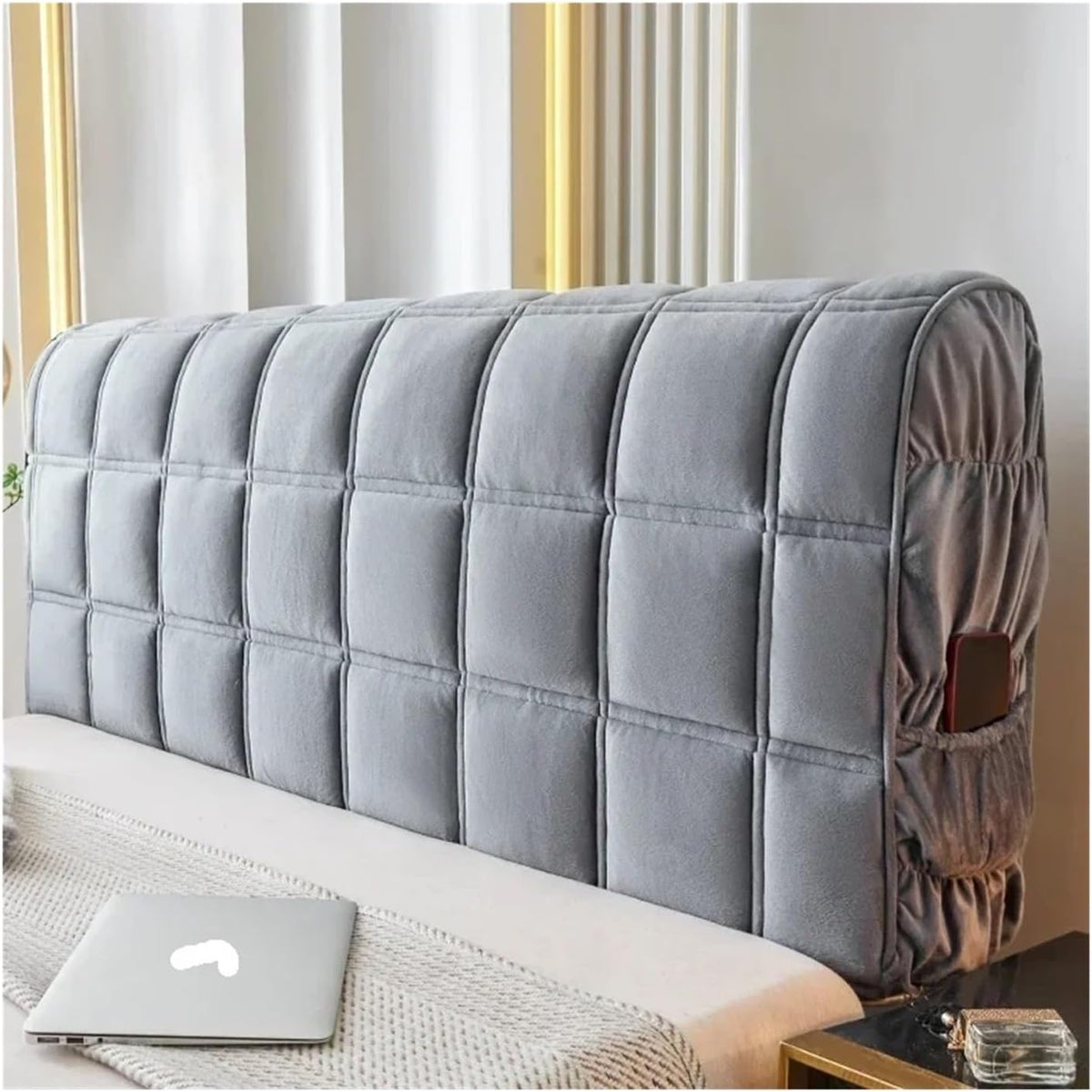 Bed Headboard Cover All-Inclusive Bed Back Protector Cover Thicken Quilted Headboard Cover Super Soft Plush Quilting Bed Head Cover(Champagne,W200 x H70cm)