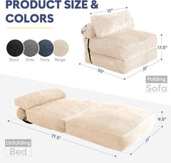 SHOUREN Folding Sofa Bed,Convertible Sleeper Chair Bed with Pillow,Foldable Futon Couch Mattress with Back Support,Portable Lazy Floor Sofa Lounger, Beige, Single
