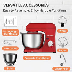 Electric Kitchen Stand Mixer: 380W 8-Speed Tilt-Head Household Food Mixer - 4.75-Qt 304 Stainless Steel Bowl with Cover & Egg Whisk & Dishwasher Safe Dough Hook & Flat Beater, Red