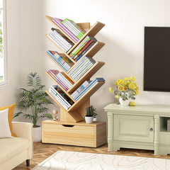 Tree Bookshelf,8 Shelf Bookcase,Retro Floor Standing Bookcase with Drawer,Wooden Bookshelves Storage Rack for Home Office, Living Room, Bedroom Wooden Color