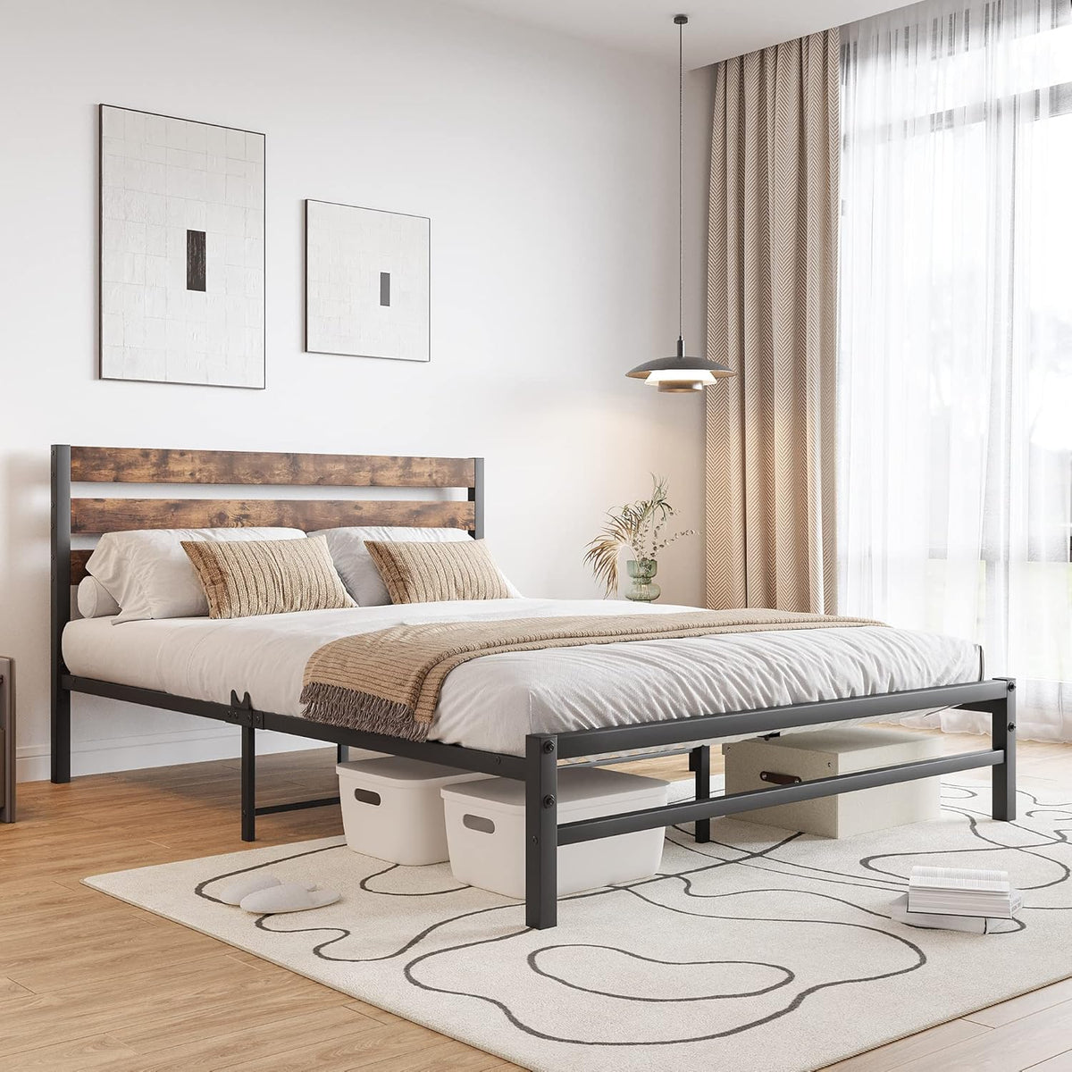 Rustic Queen Size Metal Platform Bed Frame/Mattress Foundation with with Vintage Wooden Headboard,Strong Slats Support,No Box Spring Needed (Brown, Queen)