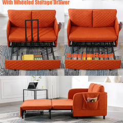Modern Futon Sofa Bed, 46" Convertible Folding Couch Breathable Small Double,Adjustable Pull Out Chaise Couches with Storage Drawer for Compact Living Studio Bedroom Loveseat (Orange+Linen)