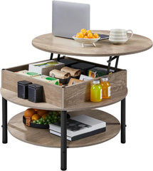Yaheetech Round Lift Top Coffee Table with Hidden Compartment & Storage Shelf, 31'' Farmhouse Coffee Table Center Tables, 2-Tier Small Round Dining Table for Living Room Reception Room, Gray