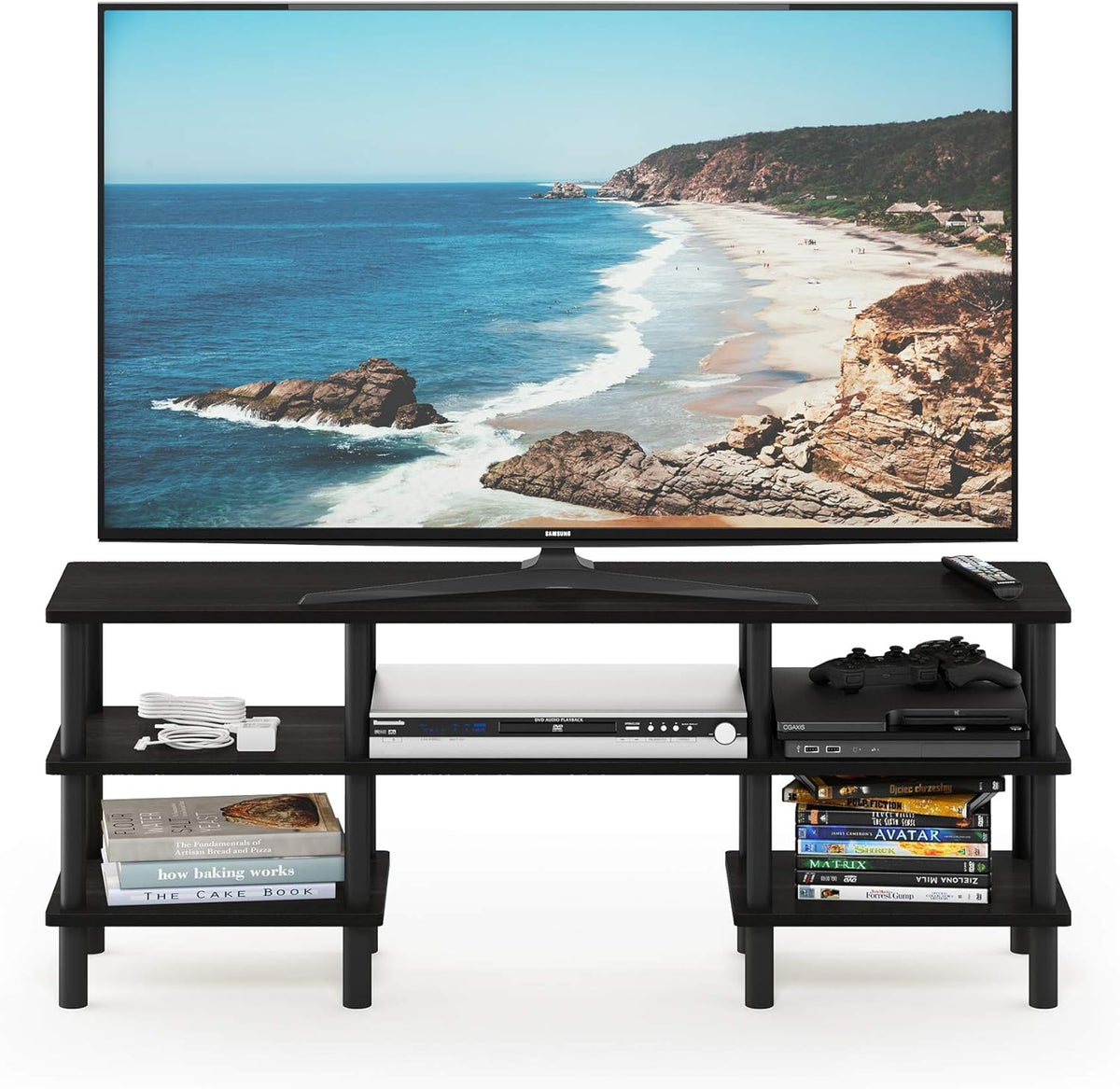 FURINNO Nelly Entertainment Center TV Stand, Short 43.3"(W) x13.4(H) x13.1(D), Columbia Walnut/Black