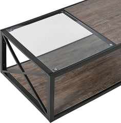 Modern Industrial Coffee Table with Tempered Glass & Rustic Wood Grain MDF, X-Frame Metal Legs, Storage Center Table for Living Room, 39.37" -Natural or Grey Wood Finish (Natural Wood Finish)