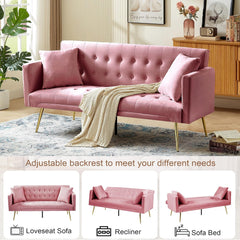 72"Modern Velvet Sofa Bed Futon,Convertible Folding Sleeper Bed Couches with 3 Adjustable Backrests,Tufted Recliner Love Seat with Golden Chrome Legs for Living Room Apartment Office (Green+pillows)