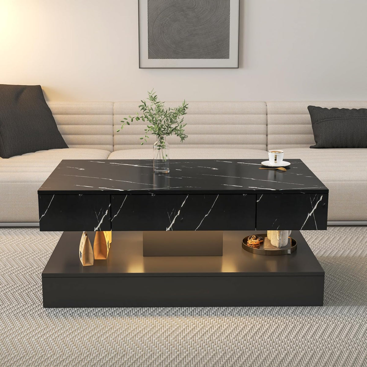 35.31" LED Coffee Table with Unique Architectural Shape, Modern 2 Tiers White Center Table with LED Light, Faux Marble Stickers Cocktail Tea Accent Table for Living Room