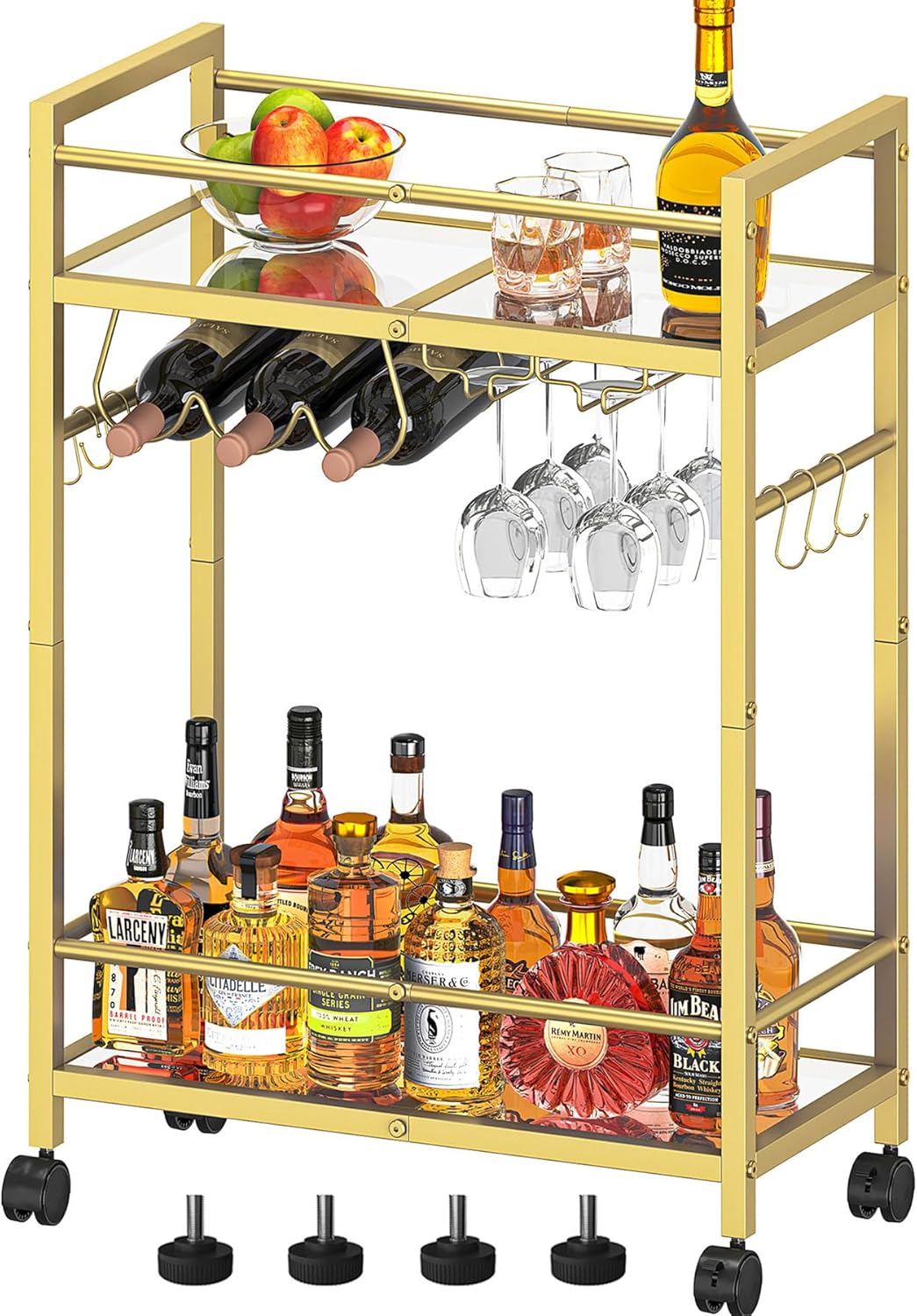 Bar Cart, Serving Cart for Home, Microwave Cart, Drink Cart, Wine Cart with 2 Mirrored Shelves, Wine Holders, Glass Holders, for Kitchen, Dining Room(Gold)