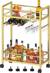 Bar Cart, Serving Cart for Home, Microwave Cart, Drink Cart, Wine Cart with 2 Mirrored Shelves, Wine Holders, Glass Holders, for Kitchen, Dining Room(Gold)