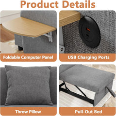 Multifunctional Single Sleep Sofa Chair Bed for Adults, Sleeper Pull Out Chair Bed with USB Port & Foldable Table & Adjustable Backrest for Living Room, Bedroom, Apartment (Grey)