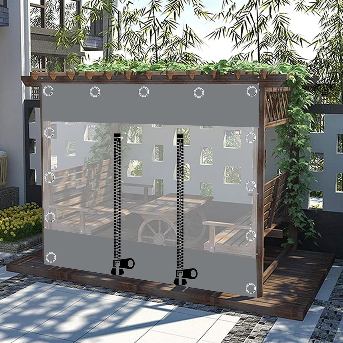 Outdoor Clear Tarp Curtain,0.3mm PVC Vinyl Waterproof Tarpaulin with Eyelets,Pergola Patio Gazebo Porch Carport Grey Transparent Tarp Side Panels,Weatherproof,with Zip,L×H-3.2×2m(10.5 * 6.6ft)