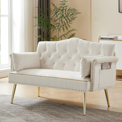Modern Velvet Loveseat Sofa with Storage Bag, Small Love Seat Couches with Gold Metal Legs, Office Couch for Small Spaces, Comfy Bedroom Sofa Couch for Living Room, Waiting Room (Pink)