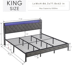 Full Bed Frame with Storage Headboard, Upholstered Platform Bed with Charging Station and LED Lights, Heavy Metal Slats, No Box Spring Needed, Easy Assembly (Gray, Full)