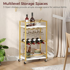 Bar Cart for Home, Mini Rolling Wine Cart, 3 Tier Serving Cart, Kitchen Storage Cart with Wine Rack and Glass Holders, for Kitchen, Dining Room, Living Room, Gold and White RCJW9301