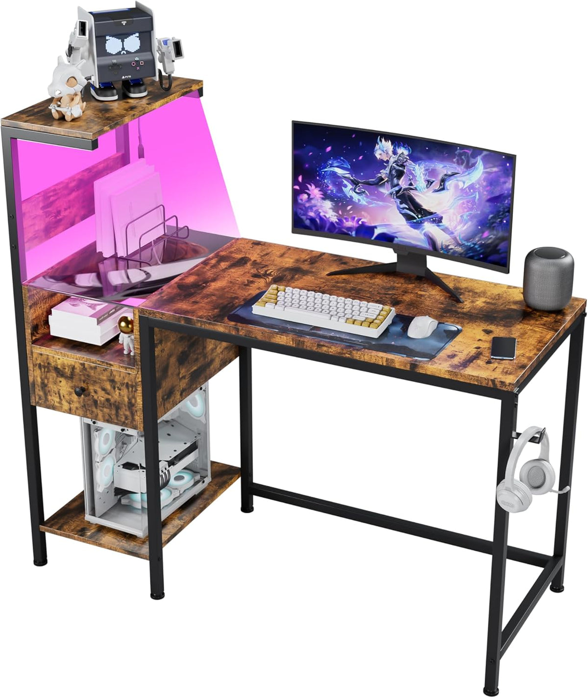 Computer Desk with Power Outlet & Storage Shelves, Study Writing Table with USB Ports Charging Station, PC Desk Workstation for Home Office, Brown