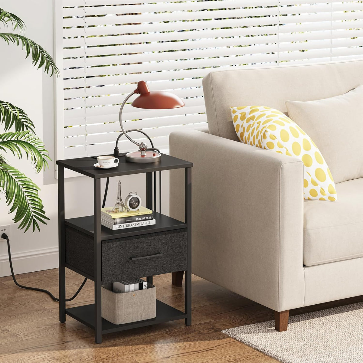 TUTOTAK Nightstand, Night Stand with Charging Station, End Table, Bedside Table with Fabric Drawer, for Livingroom and Bedroom, Black TB01BK069