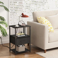 TUTOTAK Nightstand, Night Stand with Charging Station, End Table, Bedside Table with Fabric Drawer, for Livingroom and Bedroom, Black TB01BK069