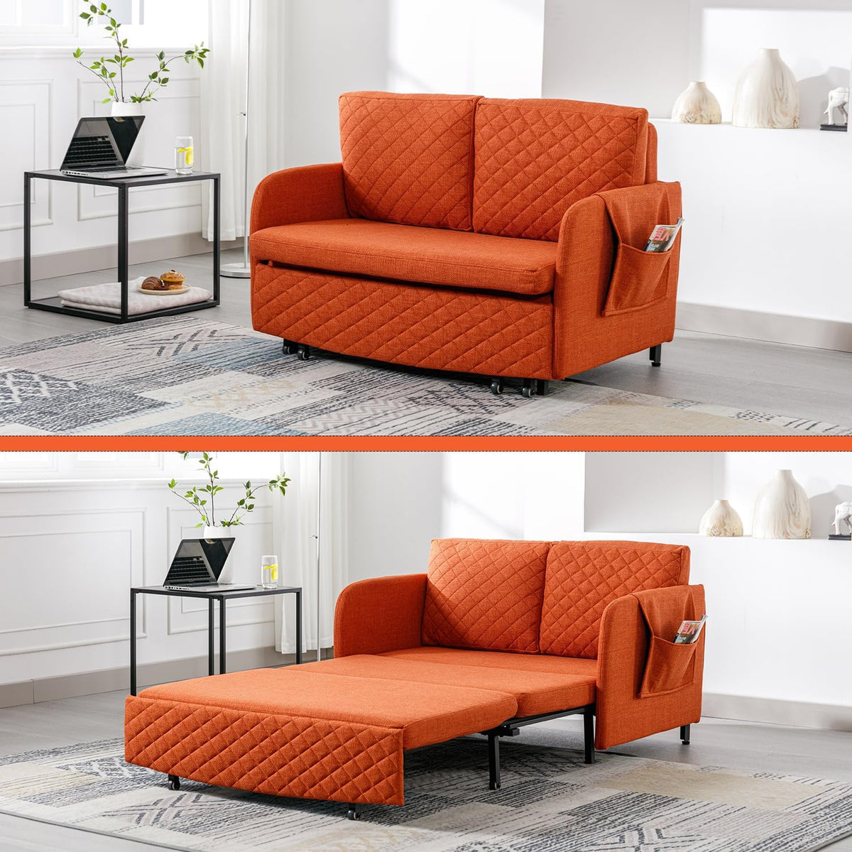 Modern Futon Sofa Bed, 46" Convertible Folding Couch Breathable Small Double,Adjustable Pull Out Chaise Couches with Storage Drawer for Compact Living Studio Bedroom Loveseat (Orange+Linen)