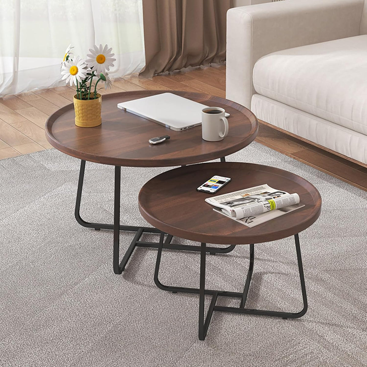Modern Round Coffee Table with Metal Frame, Wood Raised Edge Center Table, Durable Easy Assembly Cocktail Table End Table for Living Room Office(50x39cm(19.7x15.3), Natural)