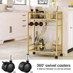 Bar Cart, Serving Cart for Home, Microwave Cart, Drink Cart, Wine Cart with 2 Mirrored Shelves, Wine Holders, Glass Holders, for Kitchen, Dining Room(Gold)