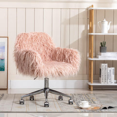Goujxcy Modern Pink Faux Fur Home Office Chair, Cute Fluffy Upholstered Padded Seat Chair for Girls, Height Adjustable Swivel Makeup Vanity Chair for Living Room, Bedroom (Pink)