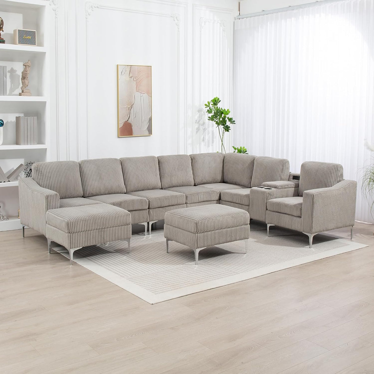 Multifunctional Convertible Armrest Modular Sectional Sofa with Pull-Out Sleeper Bed, Beige Corduroy Fabric for Living Room and Guest Room Use,Beige-Corduroy