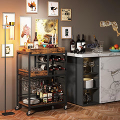 TUTOTAK Bar Cart, Home Bar Serving Cart, 3-Tier Kitchen Cart on Wheels, Rolling Beverage Cart with Wine Rack and Glass Holder, Black BC01BK037