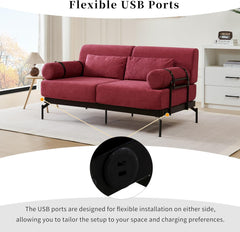 Modern Loveseat Sofa, Chenille 2-Seat Mini Sofa, Metal Frame Couc, Unique Cylindrical Armrests, Living Room Furniture with Flexible USB Ports, for Living Room Or Apartment (Beige)