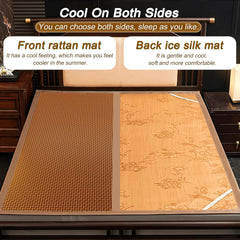 Foldable Double Sided Bamboo Mat for Bed - Bamboo Sleeping Mat Woven Rattan Surface + Ice Silk Surface Double-Sided Cool Bedroom Essential for Summer,Green,Full/1.2x1.9m